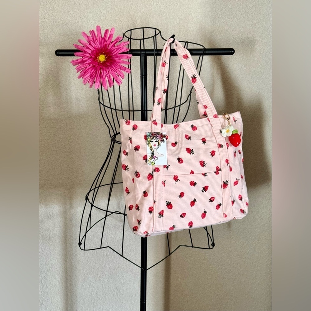 New Pink Corduroy Strawberry Purse Tote Bag w/ Pocket, Zipper, Crochet Accent - Picture 2 of 11